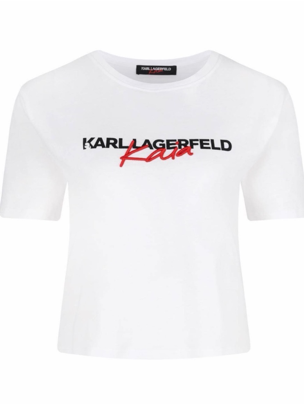 Karl Lagerfeld X Kaia White Tee with Black Logo and Red Embossed Script